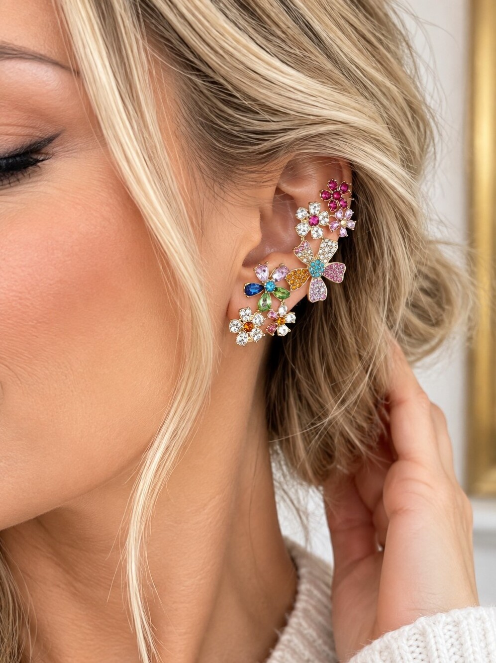 NEW Multicolor Crystal Floral Ear Crawler Cuff Earrings Gold Tone Statement